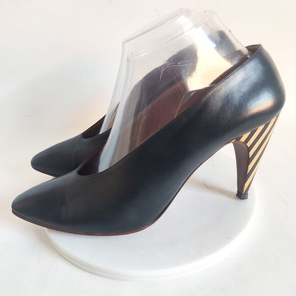 Petra Firenze Heels 9.5 Italian Leather Sole Pumps Navy Blue Pointy Toe Striped - Picture 4 of 13